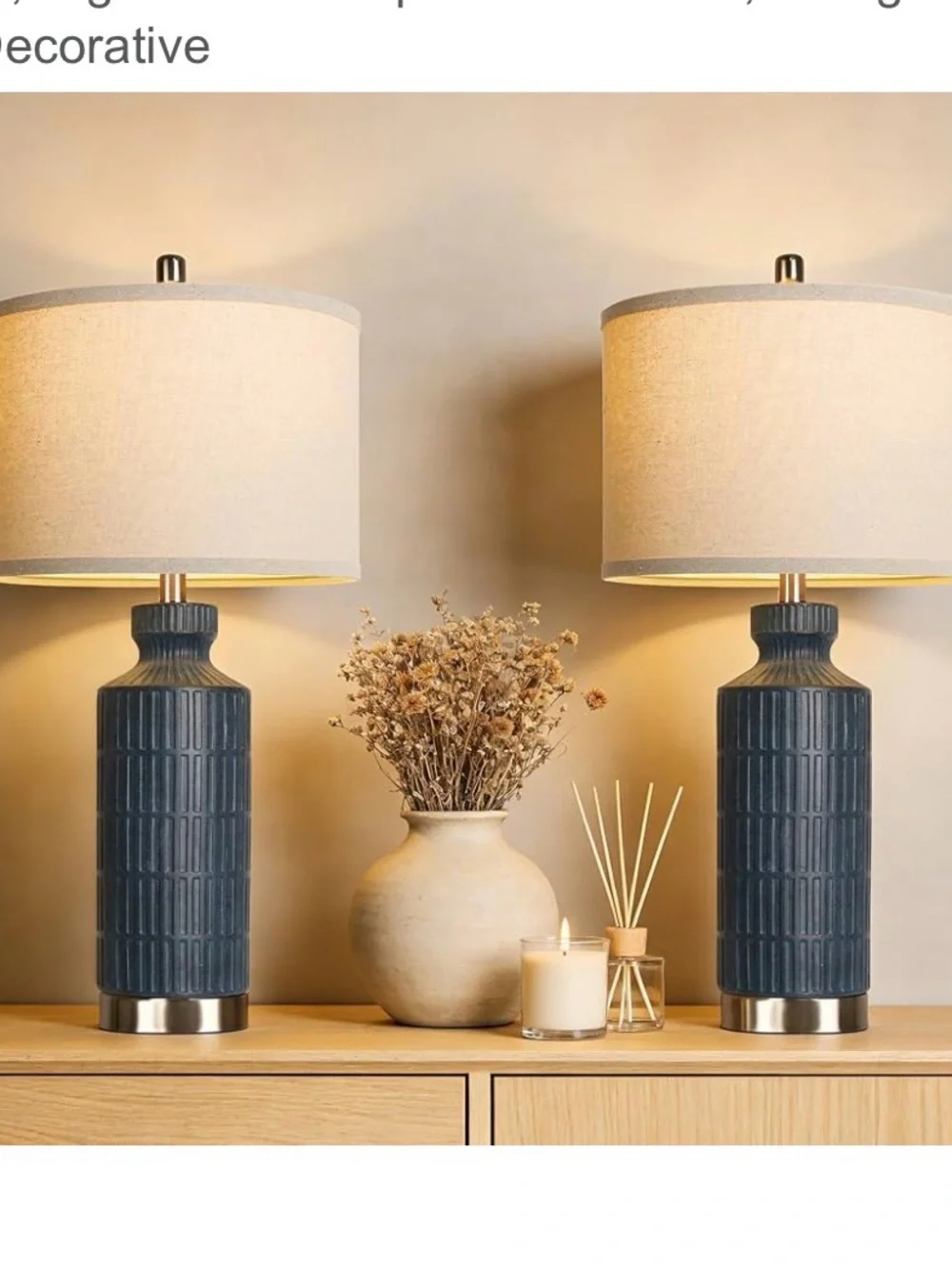 Ceramic Table Lamp with Beige Linen Shade - Blue